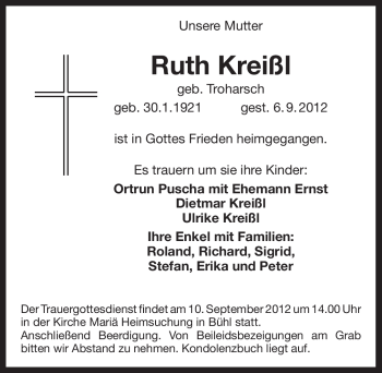 Traueranzeige von Ruth Kreißl von Pegnitz-Zeitung